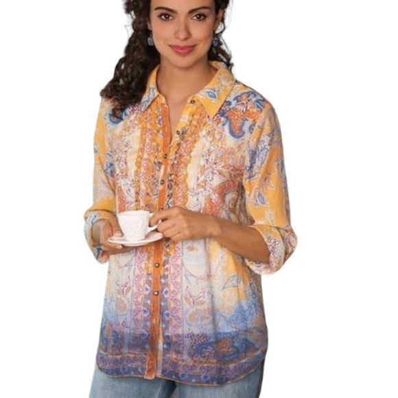Anthropologie Aratta Silent Journey Peach & Blue Paisley Velvet Trim Blouse - S - Picture 13 of 13